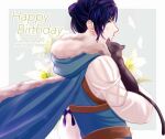  1boy black_cat blue_cape blue_hair blue_jacket brown_eyes cape capri_(blaue0514) cat character_name commentary_request dated felix_hugo_fraldarius fire_emblem fire_emblem:_three_houses flower from_side fur-trimmed_jacket fur_trim happy_birthday jacket long_sleeves male_focus profile short_hair upper_body white_flower 