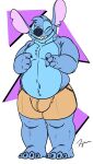  2021 4_fingers 4_toes absurd_res alien anthro anthrofied biped blue_body blue_claws blue_fur blue_nose bottomwear bulge claws clothed clothing digital_drawing_(artwork) digital_media_(artwork) disney dylbun experiment_(lilo_and_stitch) eyes_closed feet fingers flat_colors full-length_portrait fur grin hi_res humanoid_feet lilo_and_stitch male navel notched_ear portrait shorts signature simple_background slightly_chubby smile solo standing stitch_(lilo_and_stitch) tan_bottomwear tan_clothing tan_shorts toes topless 