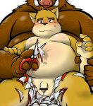  2021 anthro balls belly blush brown_body brown_fur canid canine canis clothing domestic_dog duo flaccid fur garuganofu genitals humanoid_hands kemono male male/male mammal moobs navel nipples overweight overweight_male penis sitting suid suina sus_(pig) underwear wild_boar 