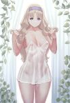  1girl bangs blonde_hair blue_hairband blush breasts cleavage collarbone darling_in_the_franxx eyebrows_visible_through_hair hairband holding holding_hair kokoro_(darling_in_the_franxx) lingerie long_hair medium_breasts negligee nipples no_bra no_panties plunging_neckline see-through solo spaghetti_strap standing thighs underwear zefrableu 