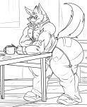  2018 absurd_res anthro big_butt big_muscles bottomwear butt canid canine clothing cup eyewear fangs fierglief fierglief_(character) footwear furniture glasses hi_res holding_object hoodie huge_butt huge_thighs looking_at_viewer male mammal monochrome muscular muscular_anthro muscular_male pants shoes smile solo standing table thick_thighs topwear were werecanid werecanine werefox 