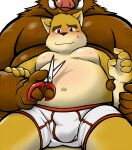  2021 anthro belly blush brown_body brown_fur bulge canid canine canis clothing domestic_dog duo fur garuganofu humanoid_hands kemono male male/male mammal moobs navel nipples overweight overweight_male sitting suid suina sus_(pig) underwear wild_boar 
