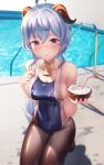  1girl ahoge bangs bare_shoulders bell black_legwear blue_hair blue_swimsuit blush breasts cleavage coconut collarbone commentary covered_navel cowbell drinking_straw food fruit ganyu_(genshin_impact) genshin_impact goat_horns hair_between_eyes hands_up highres holding holding_food holding_fruit horns kneeling long_hair no_shoes one-piece_swimsuit pantyhose pantyhose_under_swimsuit parted_lips pool purple_eyes shiny shiny_hair shirosaba swimsuit symbol_commentary very_long_hair water white_swimsuit 