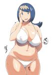  1girl arm_behind_back bikini blue_eyes blue_hair collarbone covered_nipples curvy erect_sawaru freckles hair_ornament hand_on_own_face lana&#039;s_mother_(pokemon) looking_at_viewer mature navel open_mouth pokemon pokemon_(game) pokemon_sm signature solo sweat swimsuit white_background white_bikini 