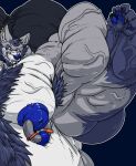  2018 5_fingers absurd_res anthro ark_noir_(character) armpit_hair beard belly big_belly big_muscles big_nipples big_pecs blue_hair blue_nipples body_hair canid canine canis chest_hair earpiece eyewear facial_hair fangs fierglief fingers flexing fur glasses grin hair hi_res huge_muscles huge_nipples huge_pecs hyper hyper_muscles looking_at_viewer male mammal multicolored_body multicolored_fur musclegut muscular muscular_anthro muscular_male nipple_piercing nipples pecs piercing sharp_teeth smile solo teeth veiny_muscle wolf 