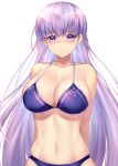  1girl absurdres arms_behind_back bikini blush braid breasts cleavage collarbone commission commissioner_upload embarrassed fire_emblem fire_emblem:_the_binding_blade halterneck highres large_breasts long_hair looking_at_viewer nasaniliu navel purple_bikini purple_eyes purple_hair skeb_commission solo sophia_(fire_emblem) swimsuit transparent_background very_long_hair 