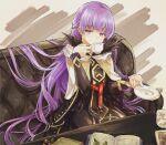  1girl absurdly_long_hair absurdres belt black_feathers book braid commission commissioner_upload covered_mouth cup dress drinking feathers fire_emblem fire_emblem:_the_binding_blade fire_emblem_heroes french_braid hair_flowing_over highres hisona_(suaritesumi) huge_filesize long_hair long_sleeves open_book purple_eyes purple_hair skin_tight solo sophia_(fire_emblem) sugar_cube tea teacup very_long_hair 