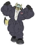  2018 5_fingers absurd_res anthro big_muscles big_pecs bottomwear canid canine canis clothing dallas_the_swolgi domestic_dog earpiece facial_piercing feet fierglief fingers first flexing footwear fur hat headgear headwear herding_dog hi_res huge_muscles male mammal multicolored_body multicolored_fur muscular muscular_anthro muscular_male name_tag nose_piercing overalls pastoral_dog pecs piercing plantigrade pubes shoes simple_background smile solo standing topwear welsh_corgi white_background 
