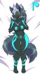  anthro breasts canid canine canis dakimakura_design female fluffy fluffy_tail genetically_modified genitals glowing glowing_genitalia glowing_markings glowing_nipples glowing_pussy hi_res looking_at_viewer luna_(hunterx90) mammal markings mastergodai nipples nude pussy solo teasing wolf 