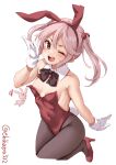  1girl 1other animal_ears black_legwear blush bunny bunny_ears bunny_tail detached_collar ebifurya fake_animal_ears gloves high_heels highres kantai_collection leotard one_eye_closed open_mouth pantyhose pet pink_eyes pink_hair red_footwear red_leotard sazanami_(kancolle) short_hair simple_background smile tail twintails twitter_username white_background white_gloves 