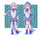  1girl alternate_costume animal_costume animal_hood blue_legwear closed_mouth full_body girls_frontline grey_hair hands_up hood m200_(girls_frontline) polka_dot purple_eyes shark_costume shark_hood short_hair shuzi smile solo standing 