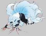  all_fours alolan_ninetales ambiguous_gender black_hair blood blood_on_ground blue_body blue_fur blue_pawpads bodily_fluids bottomwear canid canine cheek_tuft claw_marks claws clothing digitigrade drooling ears_back facial_tuft fangs feral finger_claws fingerless_gloves fluffy fluffy_tail fur fur_growth gloves grey_background growth hair handwear human human_to_feral inner_ear_fluff mammal mid_transformation multi_tail nintendo open_mouth pained_expression pants pawpads pivoted_ears pok&eacute;mon pok&eacute;mon_(species) regional_form_(pok&eacute;mon) saliva shirt simple_background solo species_transformation toe_claws topwear torn_bottomwear torn_clothing torn_gloves torn_pants torn_shirt torn_topwear transformation tuft video_games yobot 