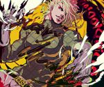  1boy belt black_belt blonde_hair claws commentary_request diego_brando dinosaur_tail english_text floating_hair gloves green_eyes hair_over_one_eye hand_up jojo_no_kimyou_na_bouken kiki_(re_6xxx) long_sleeves looking_at_viewer male_focus medium_hair one_eye_covered pants parted_lips scary_monsters_(stand) screentones sharp_teeth solo stand_(jojo) steel_ball_run sweater tail teeth unmoving_pattern white_gloves white_pants 