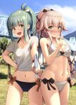  2girls arm_up bangs bare_arms bare_shoulders bikini bikini_under_clothes black_bikini blue_sky blunt_bangs blush bow bow_bikini breasts bridge brown_eyes cleavage cloud collarbone commentary_request cowboy_shot day fish green_hair groin hair_flaps hair_ribbon hand_on_hip highres ichikawa_feesu kantai_collection long_hair looking_at_viewer medium_breasts multiple_girls navel nose_blush open_mouth outdoors photo_background pink_hair ponytail ribbon shirt side-tie_bikini sidelocks sky smile standing swimsuit swimsuit_under_clothes tied_shirt translation_request tree very_long_hair white_bikini white_ribbon white_shirt wristband yellow_eyes yura_(kancolle) yuubari_(kancolle) 
