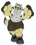  2018 5_fingers absurd_res anthro big_muscles big_pecs black_nipples bottomwear canid canine canis clothing dallas_the_swolgi domestic_dog earpiece facial_piercing feet fierglief fingers first flexing footwear fur hat headgear headwear herding_dog hi_res huge_muscles male mammal multicolored_body multicolored_fur muscular muscular_anthro muscular_male nipple_piercing nipples nose_piercing pants pastoral_dog pecs piercing plantigrade pubes shirt shoes simple_background smile solo standing topwear welsh_corgi white_background 