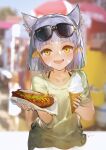  1girl alternate_costume animal_ears cat_ears cat_girl daible facial_tattoo food hair_ribbon highres hot_dog ice_cream nia_(xenoblade) ribbon silver_hair solo sunglasses tattoo xenoblade_chronicles_(series) xenoblade_chronicles_2 yellow_eyes 