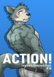  anthro back_muscles beastars blue_background blush canid canine canis clothed clothing comic cover cover_art cover_page hi_res kumak71395 legoshi_(beastars) male mammal muscular muscular_anthro muscular_male pecs simple_background solo topless wolf 