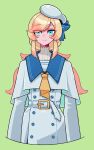  1girl aqua_eyes belt beret blonde_hair eyebrows_visible_through_hair eyes_visible_through_hair green_background grey_capelet grey_headwear hat highres iccoco long_hair looking_at_viewer neckerchief original simple_background solo upper_body yellow_neckwear 