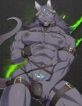  aaassstaro abs anthro black_body black_fur bulge canid canine canis clothed clothing forehead_gem fur genital_outline hair hi_res horn male mammal mane mane_hair muscular muscular_anthro muscular_male nipples pecs penis_outline skimpy solo tattoo thong underwear wolf womb_tattoo 