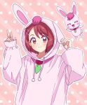  1girl animal_ears animal_hood bangs bunny_ears bunny_hood closed_mouth diagonal_stripes eyebrows_visible_through_hair fake_animal_ears flower hair_between_eyes hair_flower hair_ornament hairclip hanadera_nodoka healin&#039;_good_precure highres hood hood_up hooded_sweater kousuke0912 long_sleeves looking_at_viewer pink_background pink_flower polka_dot polka_dot_background precure rabirin_(precure) red_eyes red_hair shiny shiny_hair short_hair sleeves_past_wrists smile solo striped striped_background sweater upper_body w 