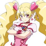  1girl bangs blonde_hair choker closed_mouth collarbone crossed_arms cure_peach earrings eyebrows_visible_through_hair floating_hair fresh_precure! hair_between_eyes hair_ornament heart heart_hair_ornament highres jewelry kousuke0912 long_hair looking_at_viewer momozono_love precure red_choker red_eyes shiny shiny_hair shirt short_sleeves simple_background sketch smile solo underbust upper_body very_long_hair white_background white_shirt 