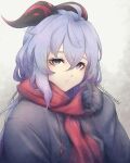  1girl ahoge black_gloves blue_hair closed_mouth commentary ganyu_(genshin_impact) genshin_impact gloves hair_between_eyes highres horns long_hair looking_at_viewer purple_eyes red_scarf rikuguma scarf sleeves_past_wrists solo twitter_username upper_body winter_clothes 
