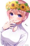  1girl bangs blush breasts closed_mouth commentary_request eyebrows_visible_through_hair flower go-toubun_no_hanayome hair_flower hair_ornament hand_on_own_face hand_up head_wreath highres itoi_toi long_sleeves looking_at_viewer medium_breasts nakano_ichika pink_hair purple_eyes rose shirt short_hair signature simple_background smile solo sunflower_hair_ornament twitter_username upper_body white_background white_shirt yellow_flower yellow_rose 