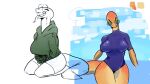  16:9 anthro big_breasts breasts clothed clothing eyes_closed eyewear female glasses goonie-san jacket reptile scalie serpentine simple_background snake swimwear thick_thighs tongue tongue_out topwear widescreen 