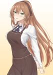  1girl apron arms_behind_back blue_neckwear blush breasts brown_apron brown_ribbon eyebrows_visible_through_hair girls_frontline green_eyes hair_ribbon highres long_hair looking_at_viewer lou_(09991) m1903_springfield_(girls_frontline) neck_ribbon orange_hair ponytail ribbon shirt simple_background solo standing white_shirt 