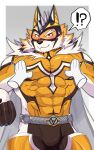  ?! abs absurd_res anthro blush bulge clothing disembodied_hand felid groping_chest hi_res live-a-hero male mammal mask muscular muscular_anthro muscular_male pantherine pecs ryekie_(live-a-hero) sac_nan spandex superhero tiger tight_clothing 