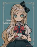  1girl artist_name bangs black_bow blonde_hair blue_eyes blush bow braid character_name closed_mouth collared_shirt commentary_request cowboy_shot cup danganronpa_(series) danganronpa_2:_goodbye_despair dated dress french_braid green_background green_dress green_eyes hair_bow highres holding holding_cup jewelry long_hair looking_at_viewer mameeekueya puffy_short_sleeves puffy_sleeves red_bow red_neckwear shirt short_hair short_sleeves skirt smile solo sonia_nevermind swept_bangs 