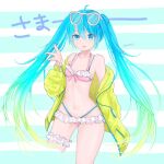  1girl ahoge bangs bikini blonde_hair blue_eyes blue_hair breasts cleavage collarbone cropped_legs eyebrows_visible_through_hair eyewear_on_head floating_hair frilled_bikini frills gradient_hair hair_between_eyes hatsune_miku highres jacket katorea long_hair long_sleeves looking_at_viewer multicolored_hair navel off_shoulder open_clothes open_jacket open_mouth pink_bikini small_breasts solo standing striped striped_background swimsuit thigh_strap very_long_hair vocaloid white-framed_eyewear yellow_jacket 