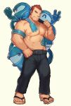  1boy abs bara belt black_pants brown_hair bulge facial_hair full_body grabbing gunzo_(tokyo_houkago_summoners) highres large_pectorals male_focus mature_male muscular muscular_male nipples pants pectoral_grab ryker sandals scar scar_on_cheek scar_on_face shirtless short_hair sideburns smile solo spirit stomach stubble thick_eyebrows thighs tokyo_houkago_summoners 