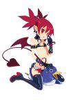  1girl absurdres bangle bangs belt black_choker black_footwear black_gloves black_shorts blush boots bracelet breasts choker disgaea earrings etna full_body gloves hair_between_eyes high_heel_boots high_heels highres jewelry pointy_ears prinny red_eyes red_hair short_shorts short_twintails shorts simple_background sitting sitting_on_person skull_earrings small_breasts tail thigh_boots thighhighs thighhighs_under_boots twintails tyasuzu white_background white_belt wings 