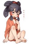  1girl barefoot black_eyes black_hair blush e10 hair_rings japanese_clothes kimono open_mouth panties red_kimono sakuna-hime saliva short_hair simple_background sitting solo sweat tensui_no_sakuna-hime underwear white_background white_panties 