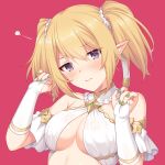  1girl 3: absurdres bare_shoulders blonde_hair breasts bridal_gauntlets chloe_(princess_connect!) cleavage criss-cross_halter crop_top frown gold_trim green_nails hair_ornament halterneck hands_up head_tilt highres horosuke_(toot08) long_hair looking_at_viewer medium_breasts nail_polish no_bra pointy_ears princess_connect! princess_connect!_re:dive purple_eyes red_background shirt sidelocks simple_background solo squiggle twintails upper_body white_shirt 