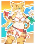 2020 4:5 5_fingers accessory anthro armwear belt bikini blonde_hair blush border breasts brown_body brown_fur brown_hair chest_tuft claws cleavage clothed clothing cute_fangs english_text felid female fingers fur furgonomics gesture green_eyes hair happy hi_res japanese_text kemono legwear looking_at_viewer mammal mia_(world_flipper) multicolored_body multicolored_ears multicolored_fur multicolored_hair multicolored_tail navel one_eye_closed open_mouth open_smile pantherine portrait ribbons satchel shibaemonxsk short_hair slightly_chubby smile solo swimwear tail_accessory text thick_thighs three-quarter_portrait tiger tongue translation_request tuft v_sign white_body white_border white_fur white_hair wink world_flipper yellow_body yellow_fur 