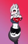  &lt;3 absurd_res anthro blush bottomwear canid canid_demon canine clothed clothing demon english_text female fingers fur gift grey_body grey_fur hair hellhound helluva_boss hi_res holidays loona_(vivzmind) mammal midriff red_sclera sfm_eclipse shirt simple_background solo text topwear white_body white_fur 
