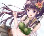  1girl :d animal_ears bare_shoulders belt black_hair black_skirt breasts collared_shirt crop_top dutch_angle extra_ears floating_hair flower frilled_shirt frills green_shirt hair_flower hair_ornament hakuda_tofu hand_up hibiscus index_finger_raised kasumi_(princess_connect!) long_hair looking_at_viewer midriff miniskirt navel necktie off_shoulder open_mouth princess_connect! princess_connect!_re:dive purple_eyes shirt short_necktie sidelocks simple_background skirt sleeveless sleeveless_shirt small_breasts smile solo stomach white_background 