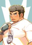  1boy alternate_costume bara blush brown_hair dark_skin dark_skinned_male facial_hair goatee highres kengo_(tokyo_houkago_summoners) large_pectorals long_sideburns looking_at_viewer male_focus mature_male muscular muscular_male shirt shirt_pull short_hair sideburns solo stubble thick_eyebrows tokiniha_netai_(pm8sleepy) tokyo_houkago_summoners upper_body white_shirt 