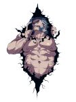  1boy :q abs absurdres ahoge bara beard broken_wall completely_nude daikoku_(tokyo_houkago_summoners) dark_blue_hair facial_hair forked_eyebrows highres large_pectorals looking_at_viewer male_focus male_pubic_hair mature_male multicolored_hair muscular muscular_male mustache mutton_chops navel navel_hair nipples nude old old_man pubic_hair rybiokaoru short_hair solo stomach thick_eyebrows tokyo_houkago_summoners tongue tongue_out two-tone_hair upper_body white_hair 