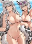  2girls :d animal_ear_fluff animal_ears arknights armpits bangs bare_shoulders bikini braid breasts cliffheart_(arknights) commentary cowboy_shot eyebrows_visible_through_hair eyewear_on_head grey_eyes hair_between_eyes head_chain highres jewelry large_breasts leopard_ears leopard_tail long_hair looking_at_viewer multiple_girls navel necklace open_mouth parted_lips pramanix_(arknights) short_hair siblings silver_hair sisters smile springveiv standing stomach sunglasses swimsuit tail thighs twin_braids very_long_hair white_bikini 