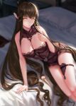  1girl babydoll bangs bare_shoulders bitter_jewel_(fate/grand_order) bra breasts brown_hair cleavage fate/apocrypha fate/grand_order fate_(series) highres large_breasts lingerie long_hair looking_at_viewer panties pointy_ears purple_bra purple_panties sansan_(dongfangzhong111) semiramis_(fate) sidelocks thighs underwear very_long_hair yellow_eyes 