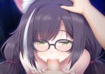  1boy 1girl animal_ear_fluff animal_ears bangs black-framed_eyewear black_hair blush cat_ears censored fellatio glasses green_eyes half-closed_eyes hand_on_another&#039;s_head hetero horosuke_(toot08) karyl_(princess_connect!) long_hair low_twintails mosaic_censoring multicolored_hair oral over-rim_eyewear penis princess_connect! princess_connect!_re:dive semi-rimless_eyewear solo_focus streaked_hair twintails 