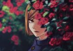  1000_(user_1527793) 1girl brown_eyes commentary expressionless flower highres jujutsu_kaisen kugisaki_nobara lips looking_at_viewer orange_hair outdoors red_flower red_rose rose school_uniform short_hair signature solo 