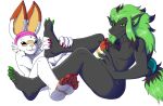  anthro avoid_posting big_feet bodily_fluids claws feet foot_fetish foot_rub hi_res male male/male nintendo pok&eacute;mon pok&eacute;mon_(species) scorbunny starnina15 sunny_flowers sweat sweaty_feet video_games zed_burrows zoroark 