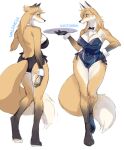  anthro blue_eyes breasts brown_body brown_fur canid canine cleavage clothed clothing collar cuffs_(clothing) digitigrade dipstick_ears dipstick_tail female fluffy fluffy_tail fox fur gloves_(marking) kikurage leg_markings mammal markings multicolored_body multicolored_ears multicolored_fur multicolored_tail serving_tray sibling side_boob simple_background socks_(marking) swimwear tan_body tan_fur twins two_tone_body two_tone_fur valencia_(kikurage) victoria_(kikurage) waiter white_background white_body white_fur wide_hips 