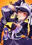  2girls :d arm_up bangs black_hair black_jacket black_nails black_skirt blue_eyes blue_hair blunt_bangs blush bonnet celestia_ludenberg chopsticks closed_eyes commentary_request danganronpa:_trigger_happy_havoc danganronpa_(series) drill_hair earrings eating eyebrows_visible_through_hair food food_on_face frilled_jacket frilled_shirt frilled_sleeves frills gothic_lolita gradient gradient_background hair_ornament hairclip heart heart-shaped_pupils holding jacket jewelry lace-trimmed_skirt lace_trim lolita_fashion long_hair long_sleeves maizono_sayaka multiple_girls necktie open_clothes open_jacket open_mouth orange_background print_neckwear red_eyes red_neckwear ribbon saliva school_uniform shirt skirt smile solo_focus symbol-shaped_pupils tsunemi_aosa twin_drills twintails white_shirt 