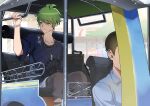  2boys amami_rantarou bag bag_removed brown_bag car_interior closed_mouth collarbone danganronpa_(series) danganronpa_v3:_killing_harmony day ear_piercing green_eyes green_hair ground_vehicle hand_up highres holding jewelry kuangtai_(amami_ryoko) male_focus multiple_boys necklace pants piercing ring shirt short_hair short_sleeves sitting smile solo_focus sparkle striped striped_shirt thumb_ring white_shirt 