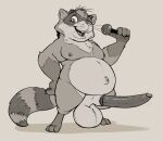  absurd_res anthro balls belly big_balls big_penis canid canine emenius erection fur genitals hi_res hybrid_genitalia hybrid_penis male mammal microphone monochrome open_mouth overweight overweight_anthro overweight_male penis raccoon_dog simple_background solo tanuki teeth whiskers 